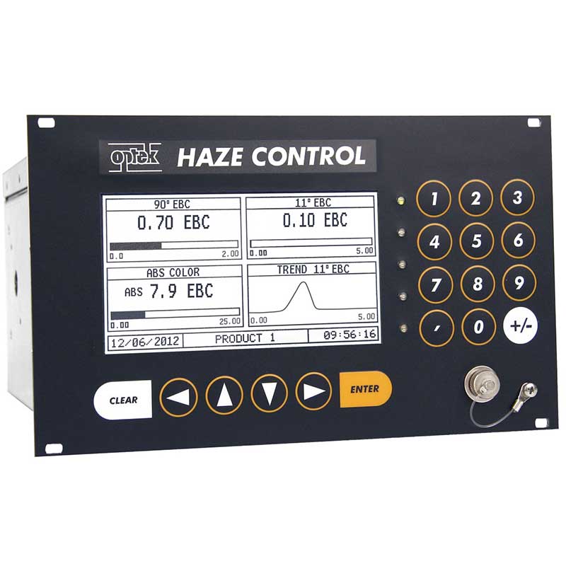 El Control de Haze controlando un proceso de elaboración; midiendo 7.9 color ABS, mostrando una línea de tendencia de 11° de turbidez junto con una medición EBC de 90°.